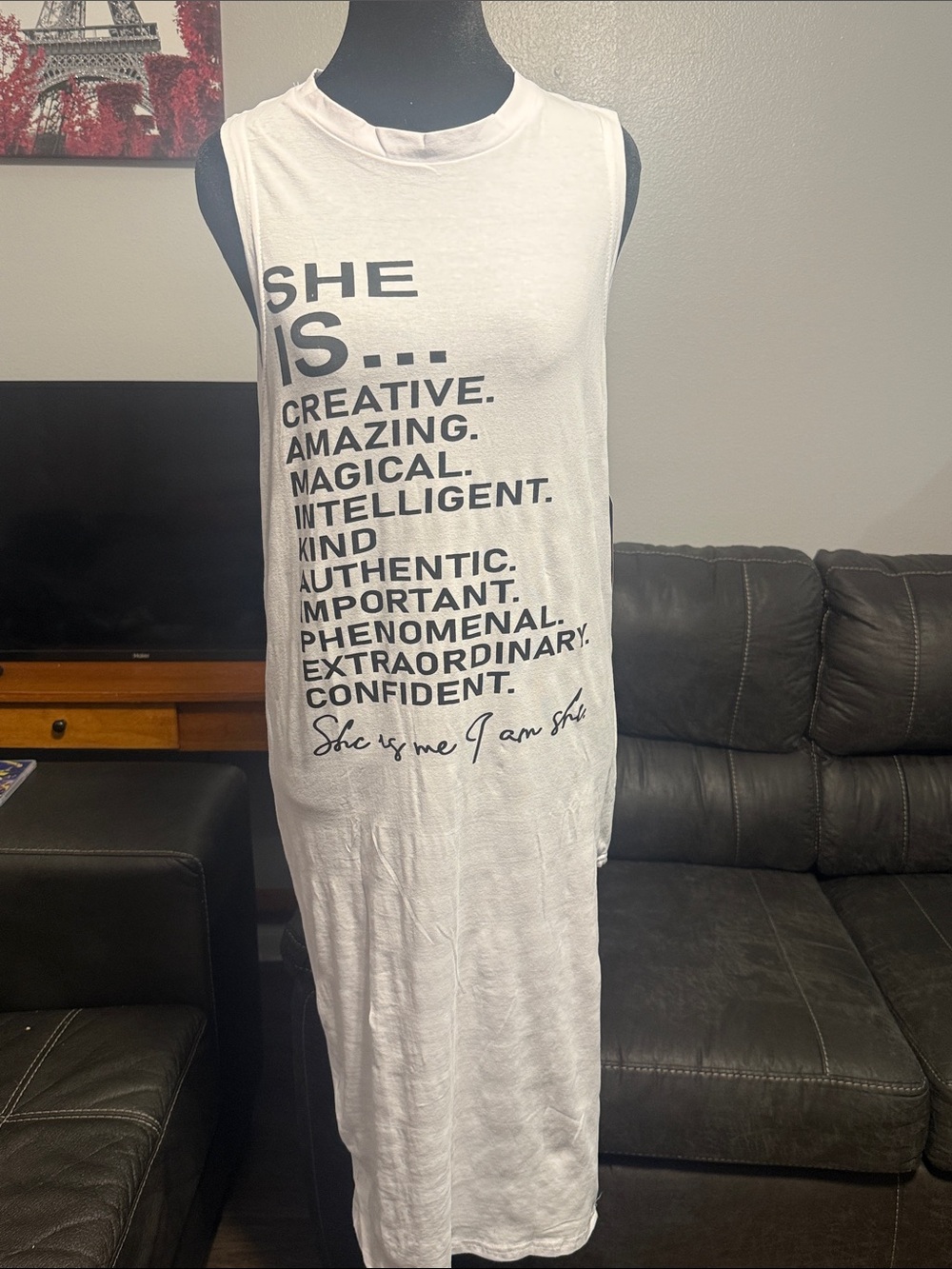 On Fire White Sleeveless Graphic Maxi Dress with Black Text